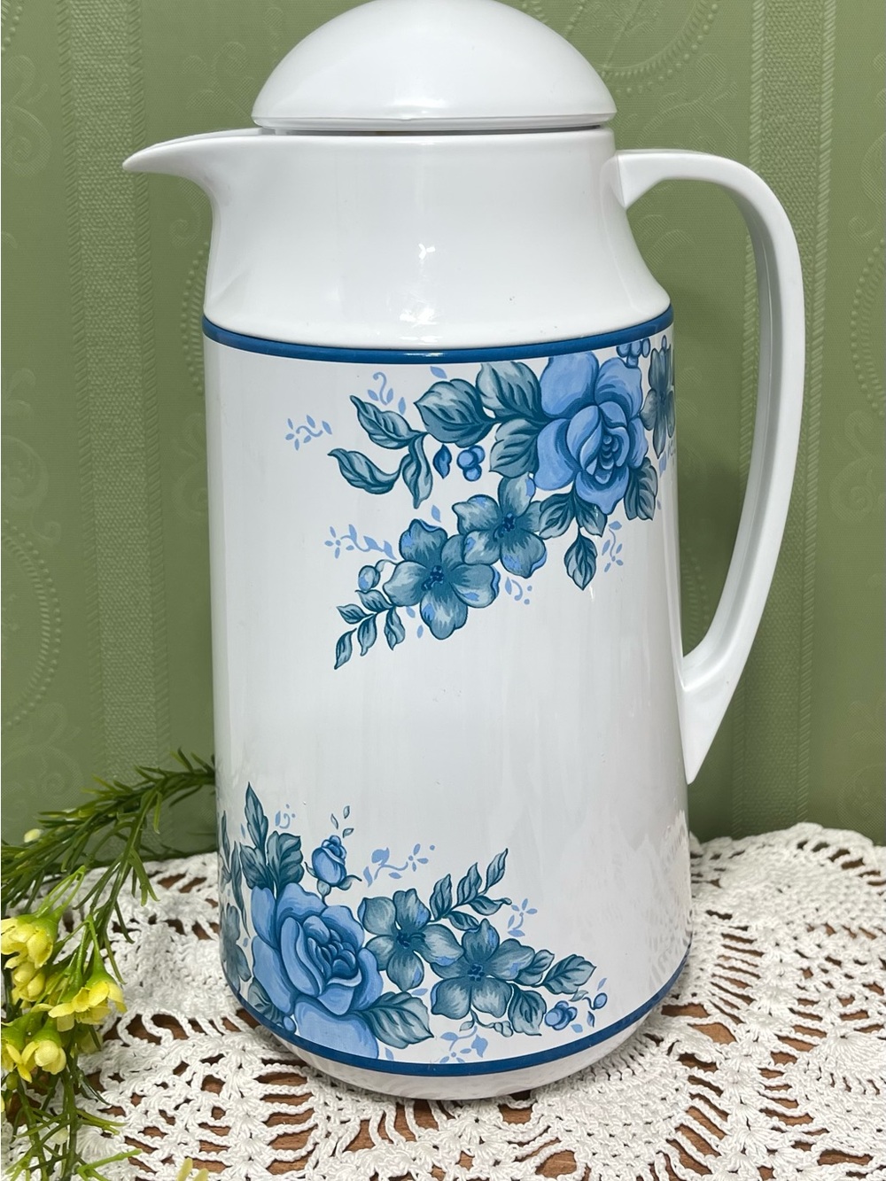 Corelle White Pitcher with Blue Rose and Leaf Motif